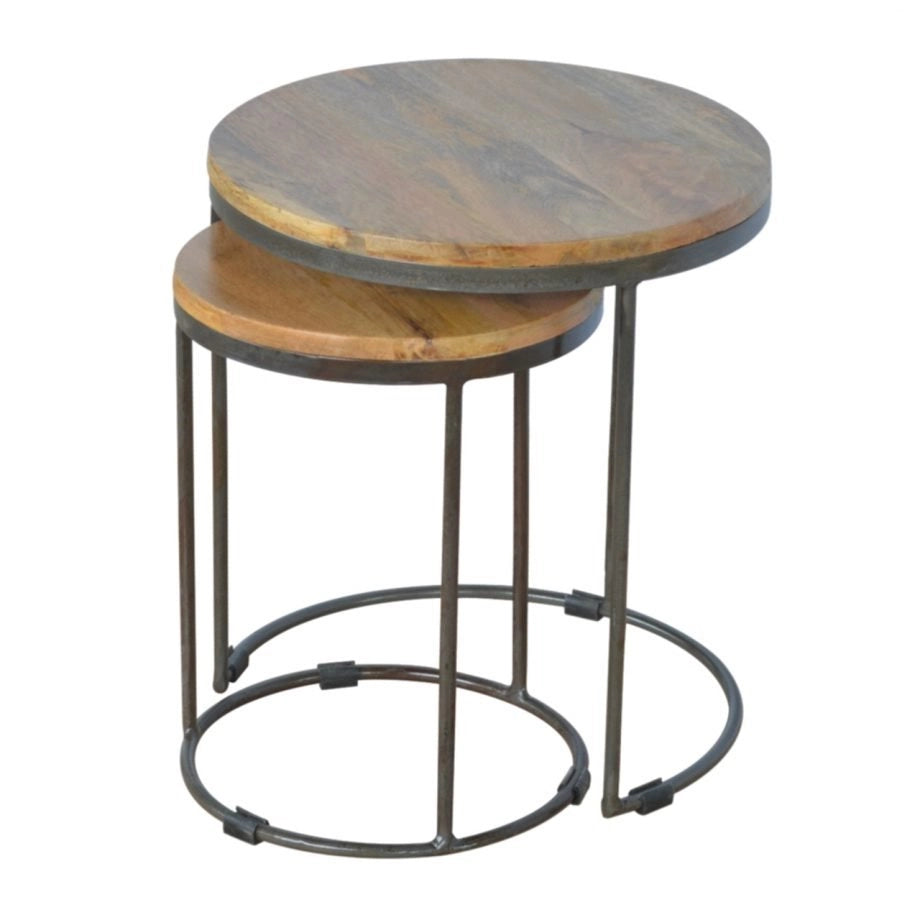 Artisan Furniture Iron-Based Round Mango Wood Nesting Stools, Set of 2 IN224