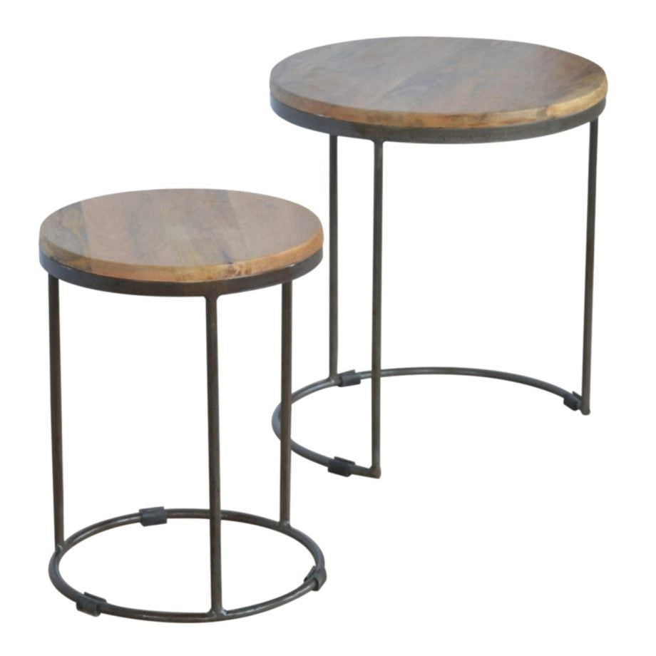 Artisan Furniture Iron-Based Round Mango Wood Nesting Stools, Set of 2 IN224