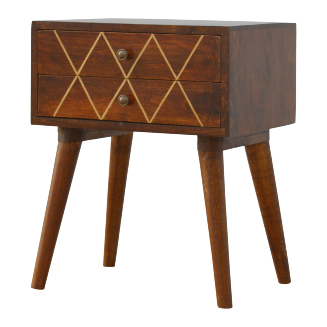 Artisan Furniture Mango Wood Geometric Brass Inlay Nightstand Drawers IN281