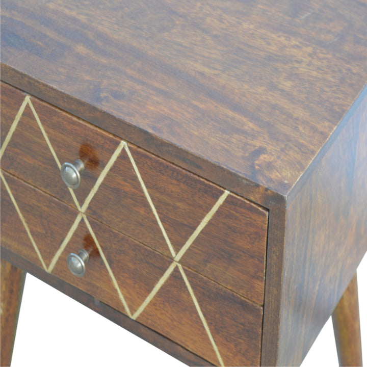 Artisan Furniture Mango Wood Geometric Brass Inlay Nightstand Drawers IN281